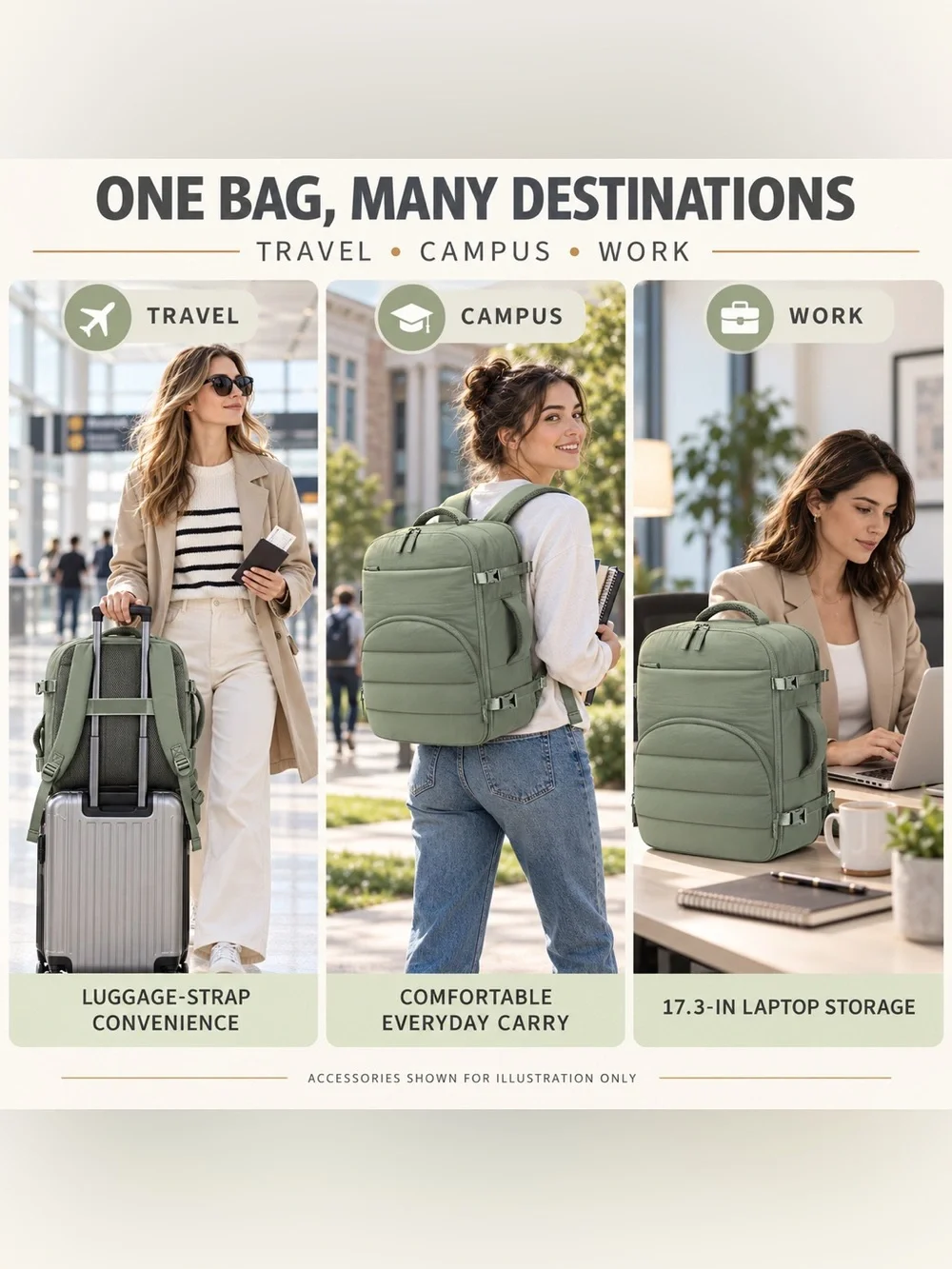 Puffer Travel Backpack 18x14x8 Personal Item 17.3” Laptop Beige